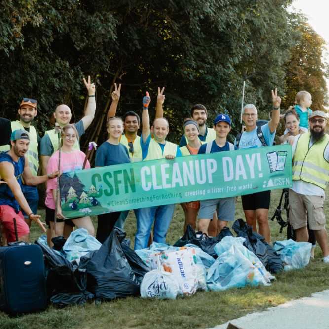 Volunteers after collecting litter in a forest cleanup in Kirchberg