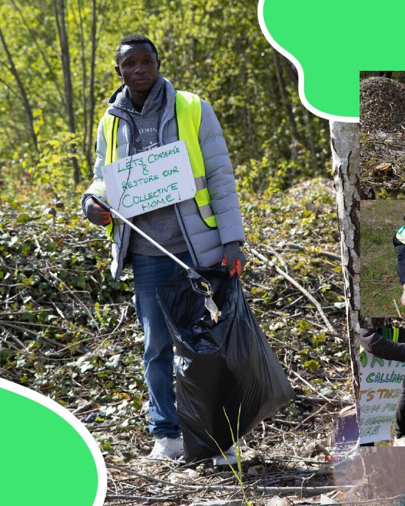 Man plogging with grabber and bag, holding sign saying "Let's conserve and restore our collective home"