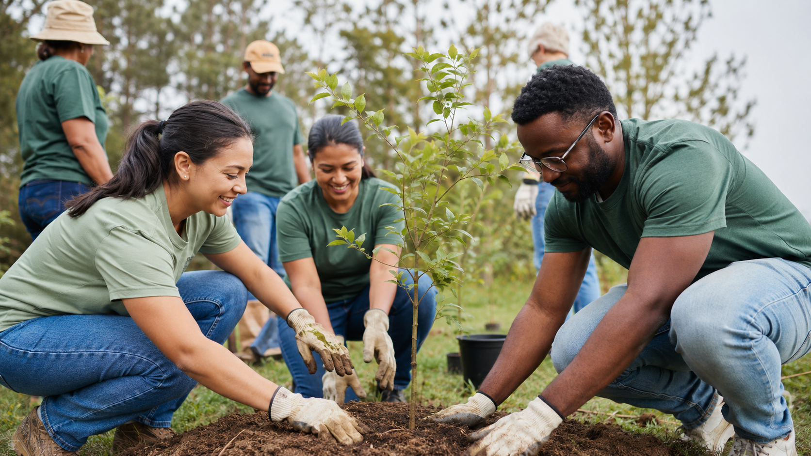A company team outdoors taking part in a tree planting activity for World Environment Day