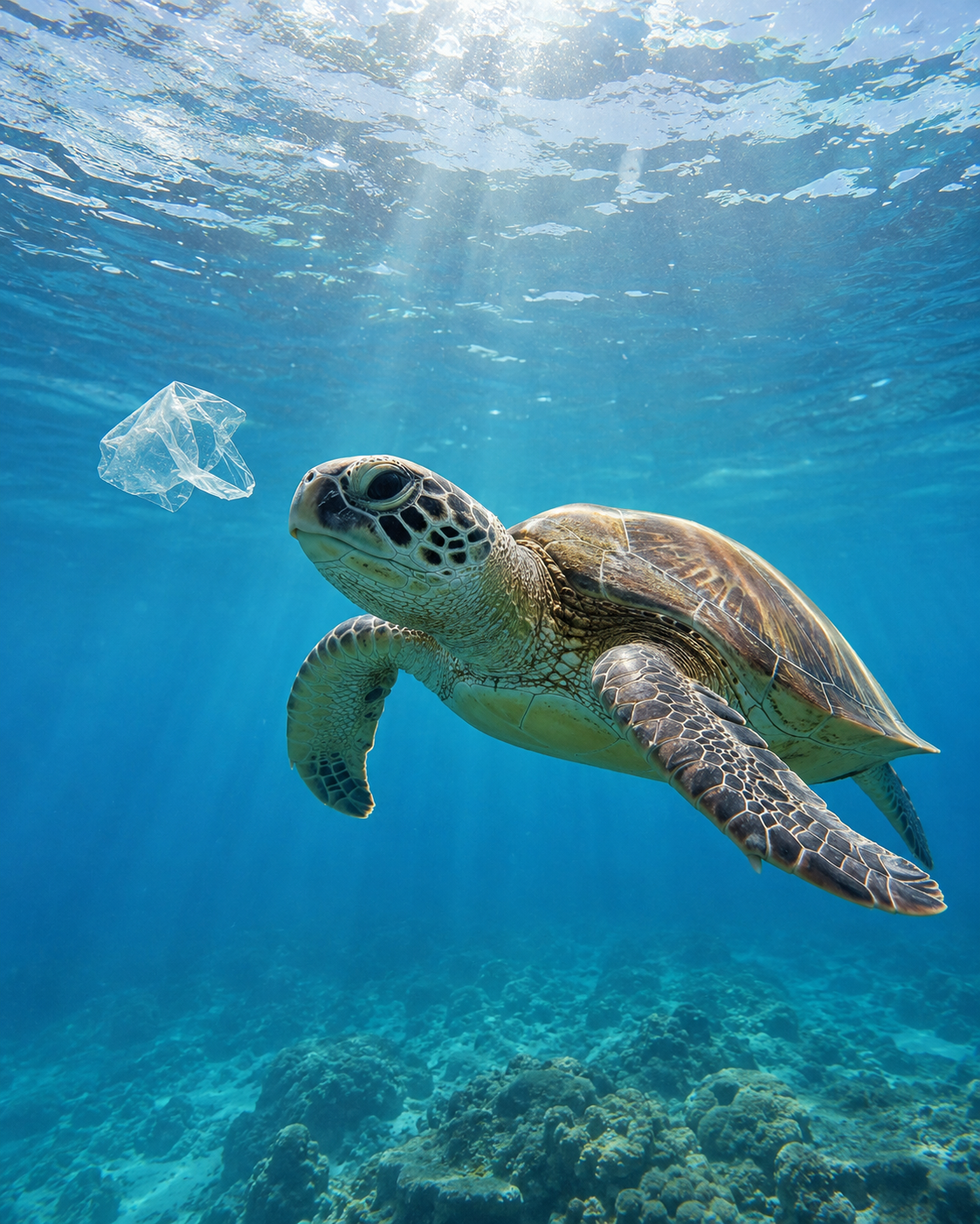 A sea turtle swimming near floating plastic in the ocean, illustrating threats highlighted on World Turtle Day