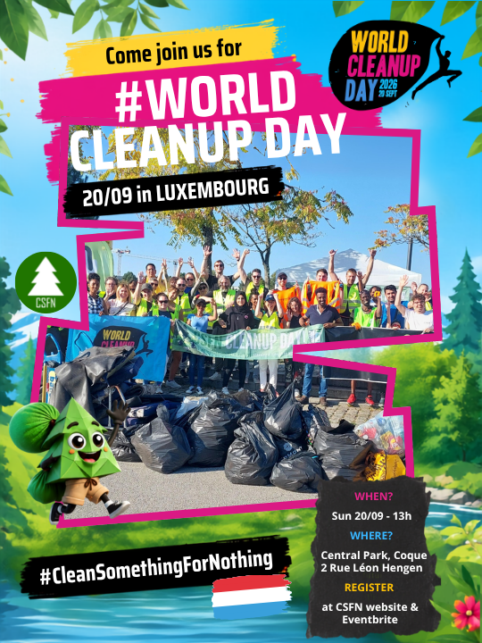 Volunteers with bags and litter pickers at a World Cleanup Day Luxembourg cleanup in Kirchberg